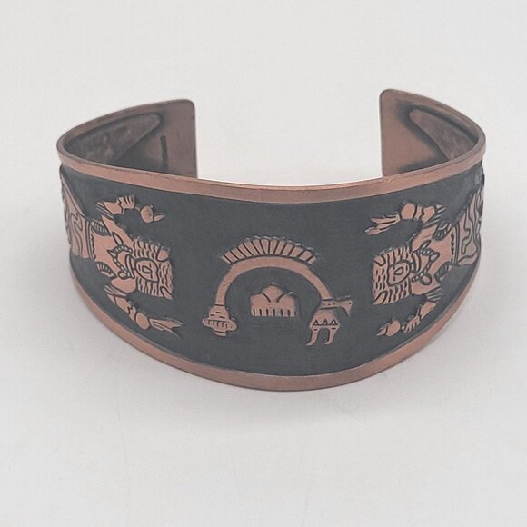Copper Cuff Bracelet Etched Buffalo Dancer Rainbow Yei Design WM - Picture 1 of 11